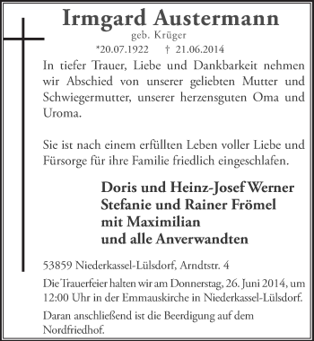 Anzeige von Irmgard Austermann von  Extra Blatt 