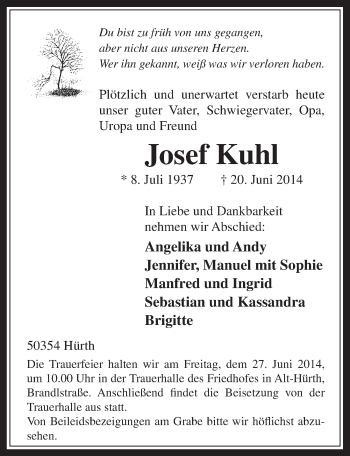 Anzeige von Josef Kuhl von  Wochenende 