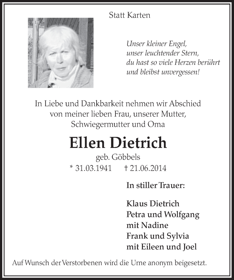  Traueranzeige für Ellen Dietrich vom 28.06.2014 aus  Sonntags-Post 