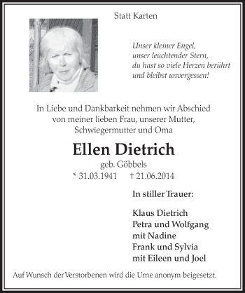 Anzeige von Ellen Dietrich von  Sonntags-Post 