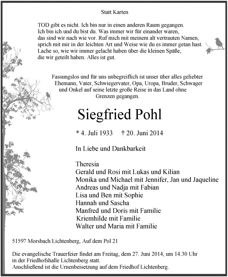  Traueranzeige für Siegfried Pohl vom 25.06.2014 aus  Lokalanzeiger 