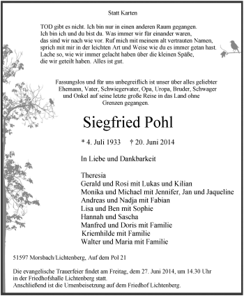 Anzeige von Siegfried Pohl von  Lokalanzeiger 