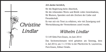 Anzeige von Christine Lindlar von  Kölner Wochenspiegel 