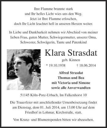 Anzeige von Klara Strasdat von  Kölner Wochenspiegel 