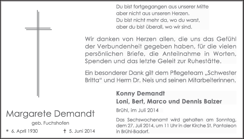  Traueranzeige für Margarete Demandt vom 16.07.2014 aus  Schlossbote/Werbekurier 