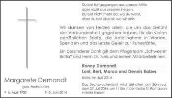 Anzeige von Margarete Demandt von  Schlossbote/Werbekurier 