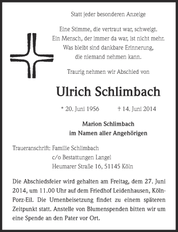 Anzeige von Ulrich Schlimbach von  Kölner Wochenspiegel 