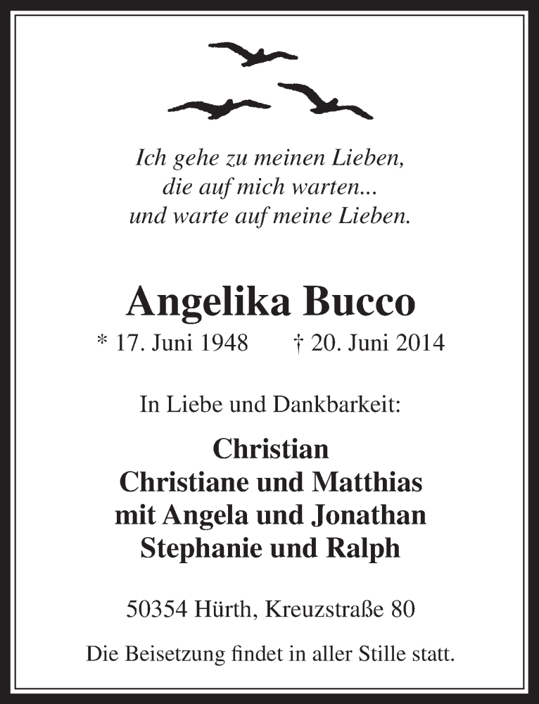  Traueranzeige für Angelika Bucco vom 02.07.2014 aus  Wochenende 