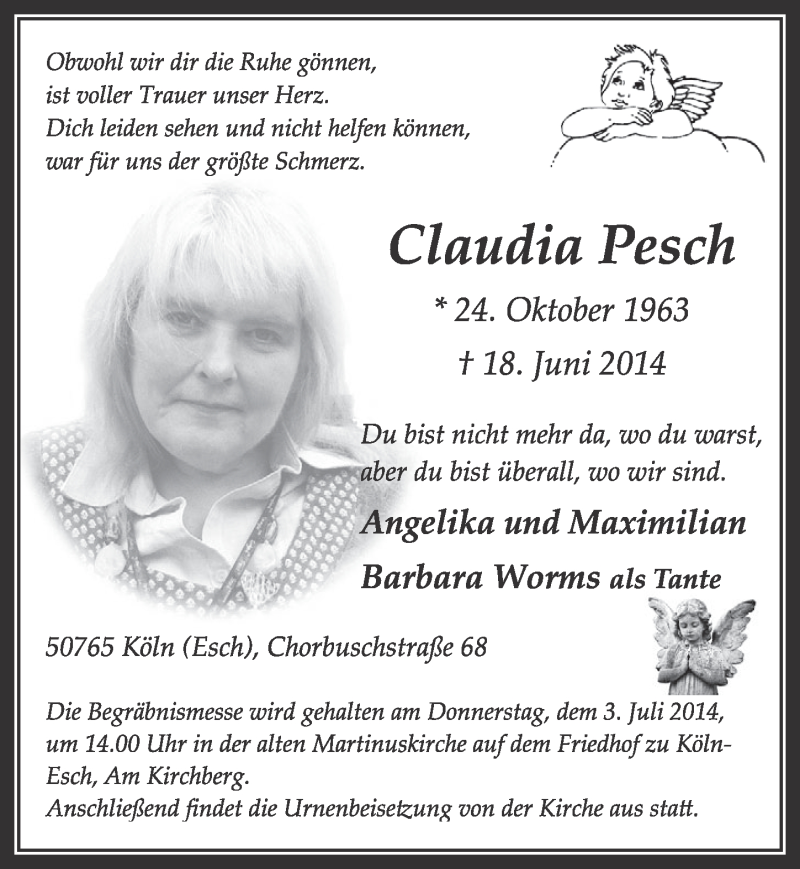  Traueranzeige für Claudia Pesch vom 28.06.2014 aus  Sonntags-Post 