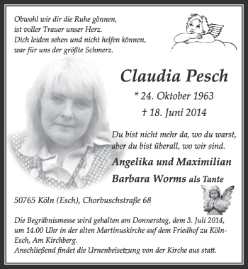 Anzeige von Claudia Pesch von  Sonntags-Post 