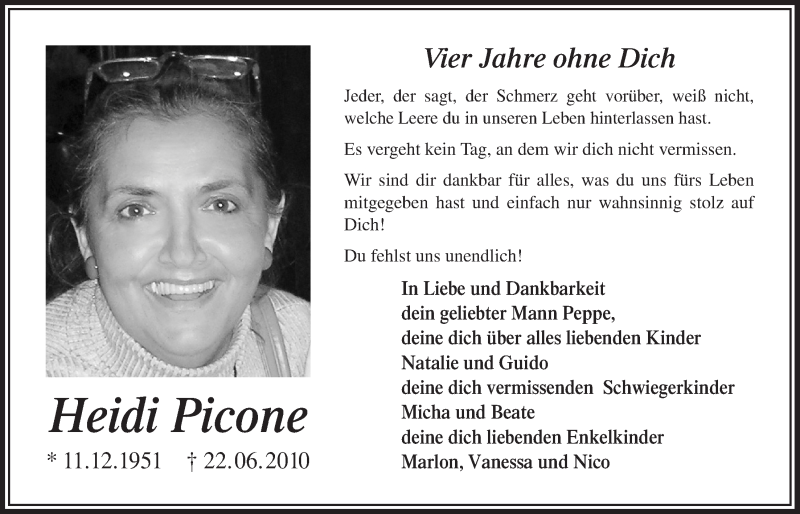  Traueranzeige für Heidi Picone vom 25.06.2014 aus  Bergisches Handelsblatt 