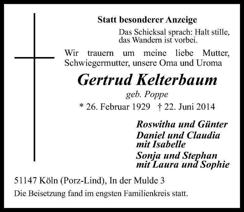  Traueranzeige für Gertrud Kelterbaum vom 09.07.2014 aus  Kölner Wochenspiegel 
