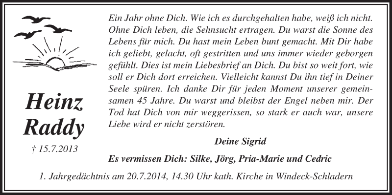  Traueranzeige für Heinz Raddy vom 09.07.2014 aus  Lokalanzeiger 