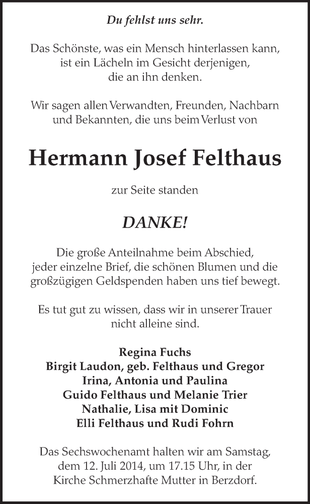  Traueranzeige für Hermann Josef Felthaus vom 02.07.2014 aus  Schlossbote/Werbekurier 