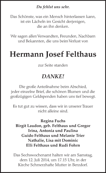 Anzeige von Hermann Josef Felthaus von  Schlossbote/Werbekurier 