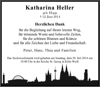 Anzeige von Katharina Heller von  Kölner Wochenspiegel 