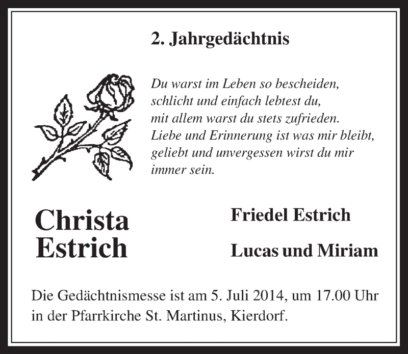  Traueranzeige für Christa Estrich vom 02.07.2014 aus  Werbepost 