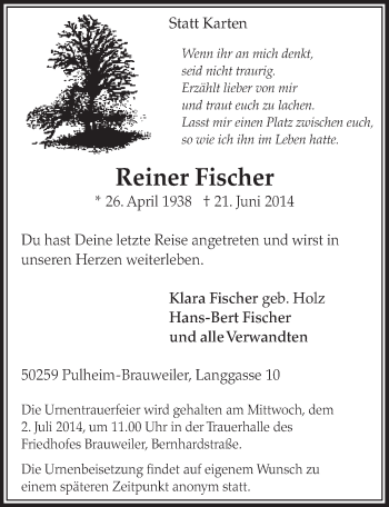 Anzeige von Reiner Fischer von  Sonntags-Post 