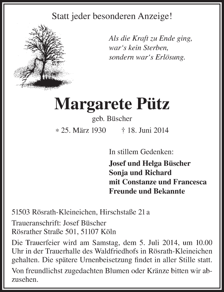  Traueranzeige für Margarete Pütz vom 02.07.2014 aus  Bergisches Handelsblatt 