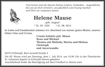 Anzeige von Helene Mause von  Sonntags-Post 