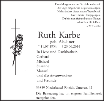 Anzeige von Ruth Karbe von  Extra Blatt 