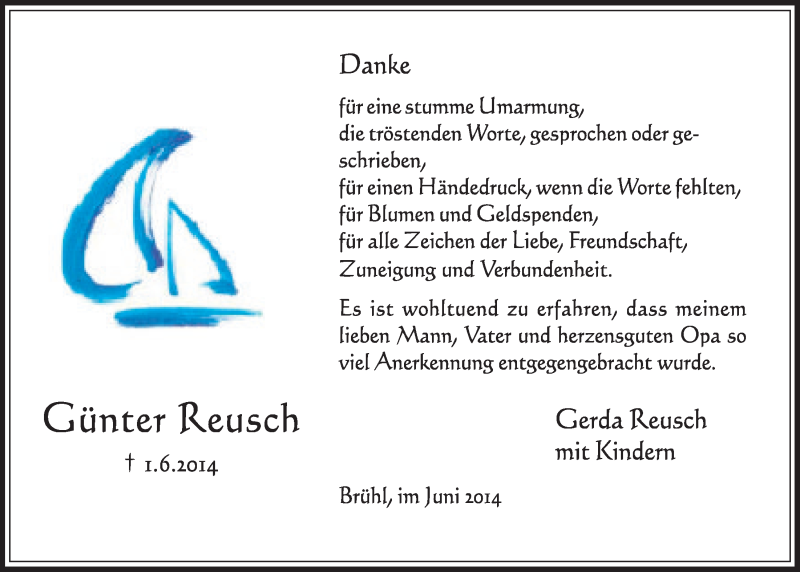  Traueranzeige für Günter Reusch vom 02.07.2014 aus  Schlossbote/Werbekurier 