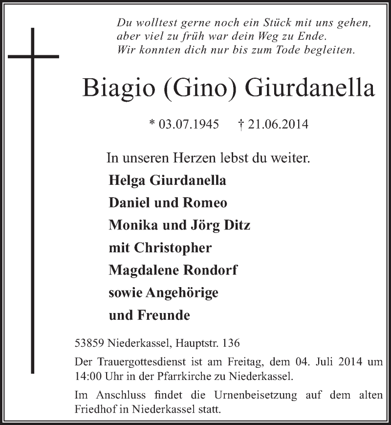  Traueranzeige für Biagio Giurdanella vom 02.07.2014 aus  Extra Blatt 