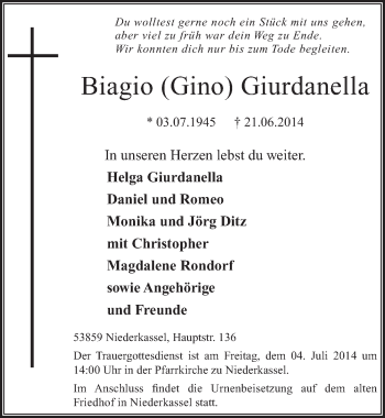 Anzeige von Biagio Giurdanella von  Extra Blatt 