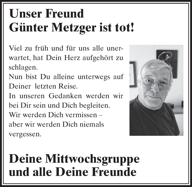  Traueranzeige für Günter Metzger vom 02.07.2014 aus  Schlossbote/Werbekurier 