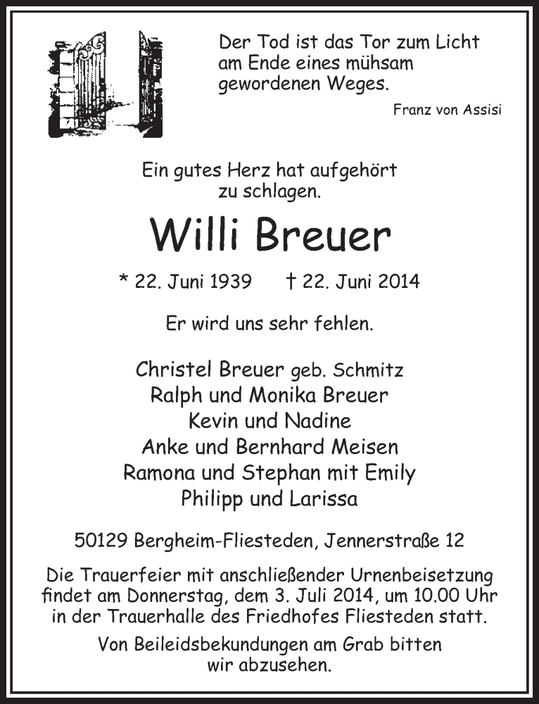  Traueranzeige für Willi Breuer vom 28.06.2014 aus  Sonntags-Post 