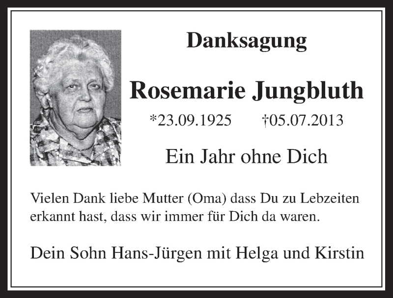  Traueranzeige für Rosemarie Jungbluth vom 02.07.2014 aus  Werbepost 