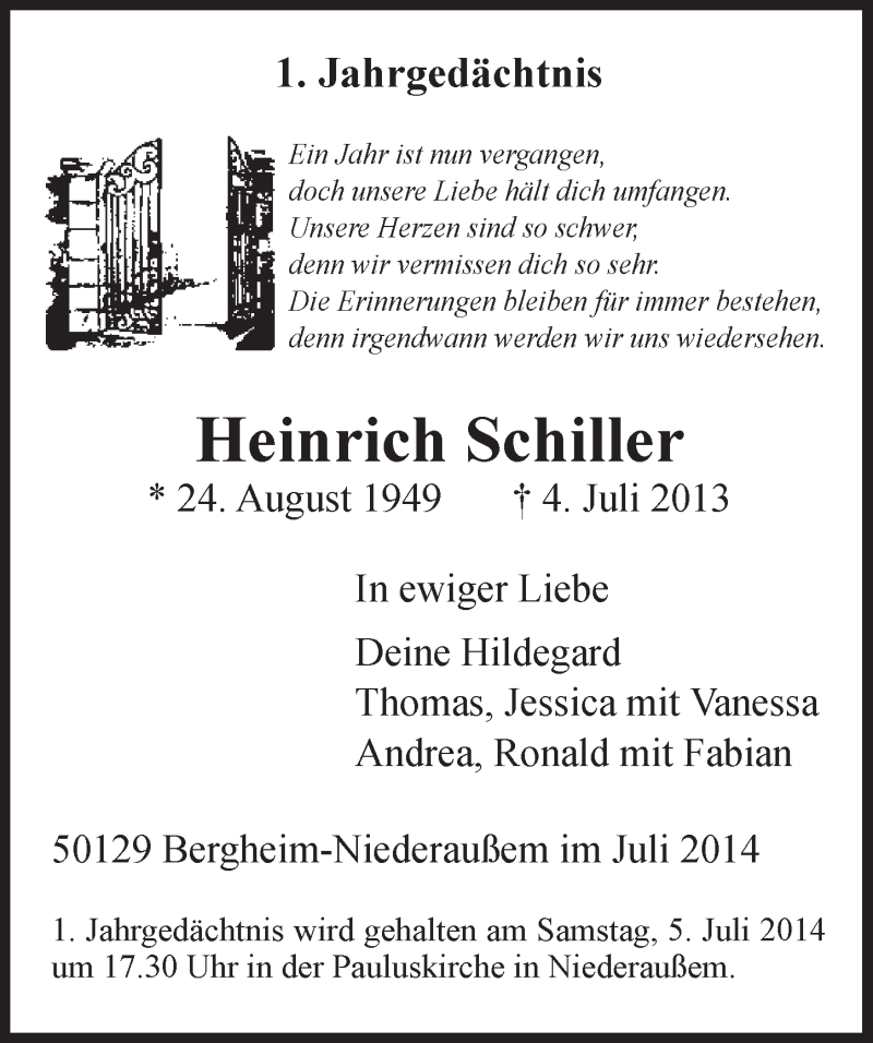  Traueranzeige für Heinrich Schiller vom 02.07.2014 aus  Werbepost 