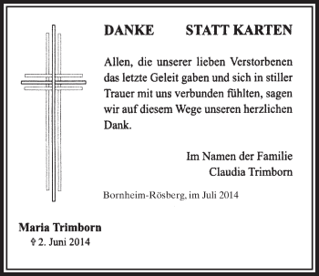 Anzeige von Maria Trimborn von  Schlossbote/Werbekurier 