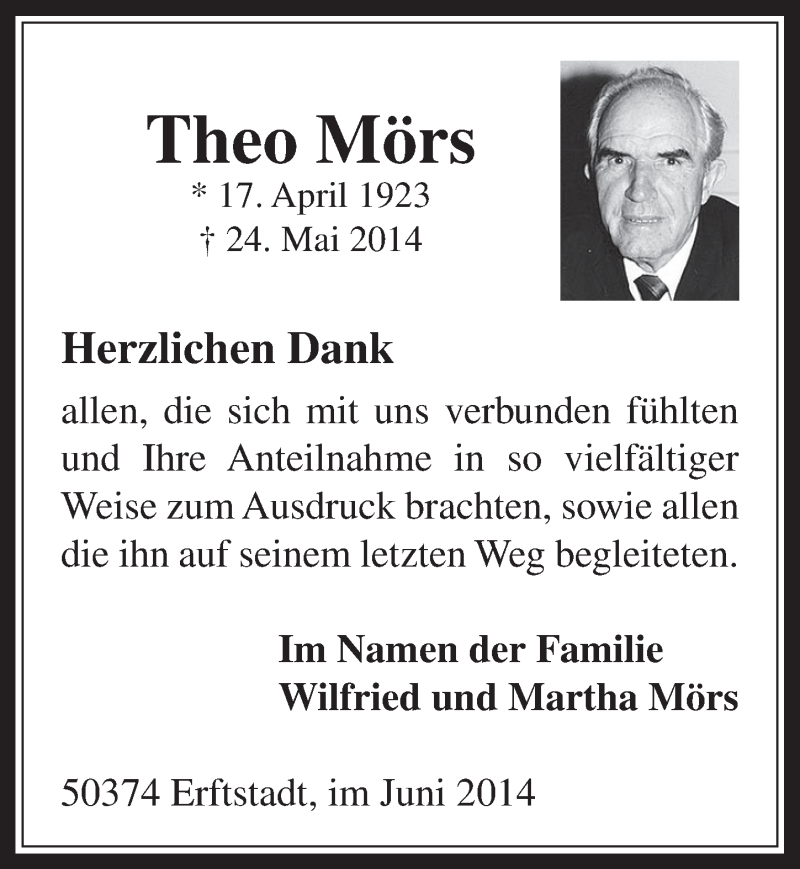  Traueranzeige für Theo Mörs vom 28.06.2014 aus  Sonntags-Post 
