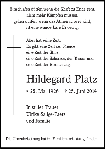 Anzeige von Hildegard Platz von  Anzeigen Echo 