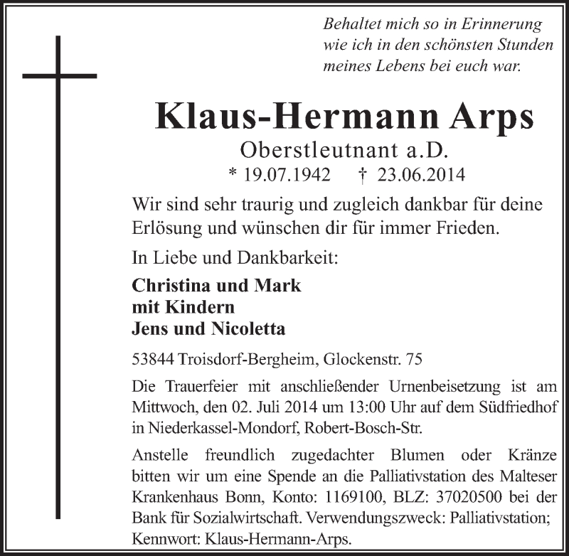  Traueranzeige für Klaus-Hermann Arps vom 28.06.2014 aus  Rhein-Sieg-Wochenende 