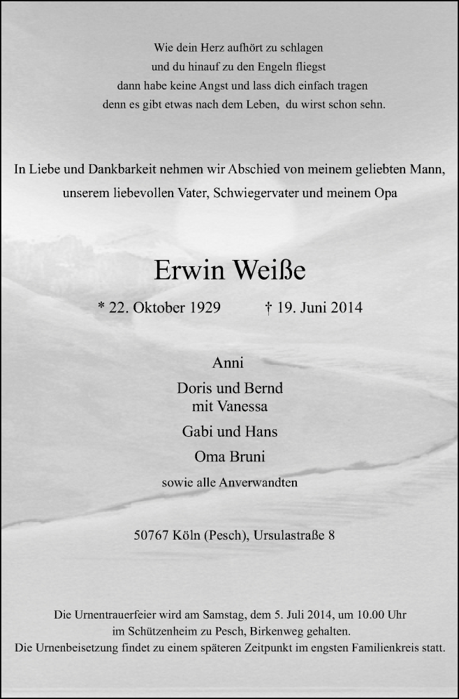  Traueranzeige für Erwin Weiße vom 02.07.2014 aus  Kölner Wochenspiegel 