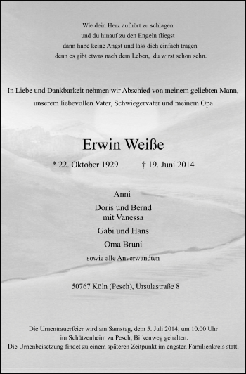 Anzeige von Erwin Weiße von  Kölner Wochenspiegel 
