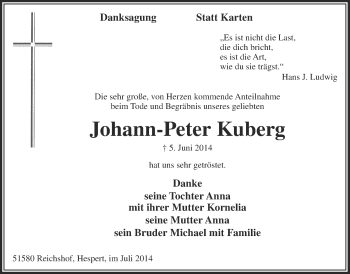 Anzeige von Johann-Peter Kuberg von  Anzeigen Echo  Lokalanzeiger 