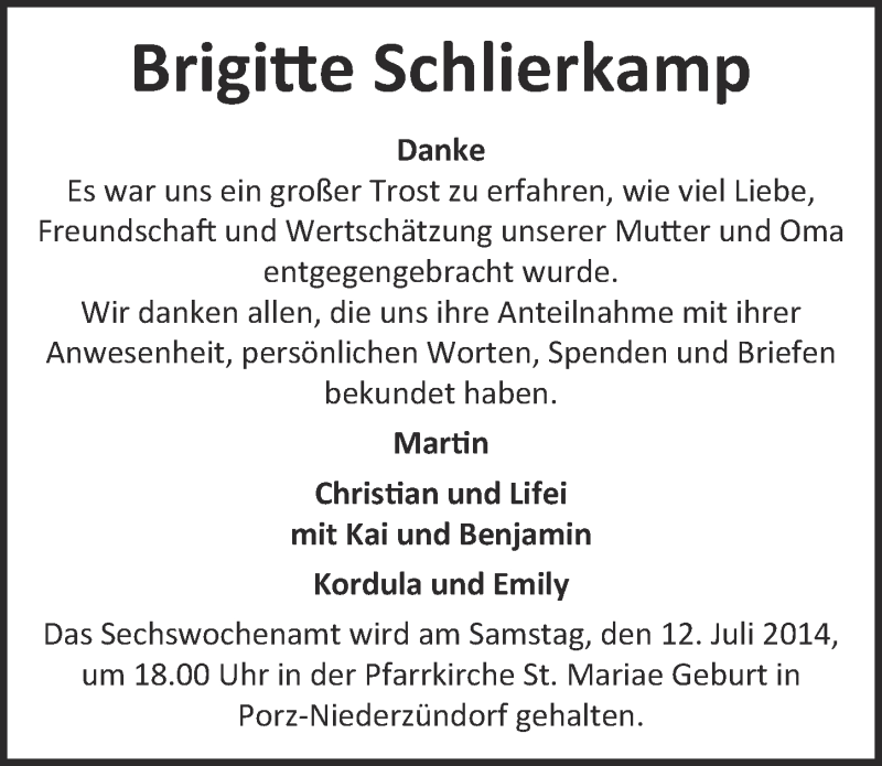  Traueranzeige für Brigitte Schlierkamp vom 09.07.2014 aus  Kölner Wochenspiegel 