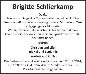 Anzeige von Brigitte Schlierkamp von  Kölner Wochenspiegel 