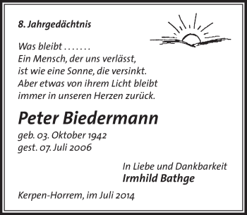 Anzeige von Peter Biedermann von  Sonntags-Post 