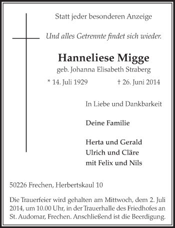 Anzeige von Hanneliese Migge von  Sonntags-Post 