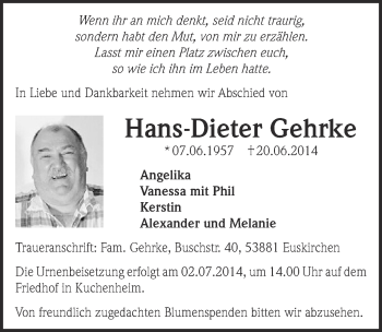 Anzeige von Hans-Dieter Gehrke von  Blickpunkt Euskirchen 
