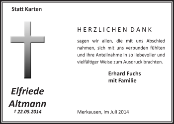 Anzeige von Elfriede Altmann von  Anzeigen Echo 