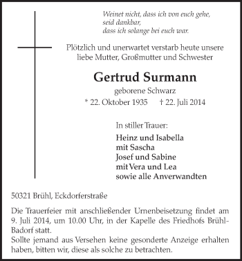 Anzeige von Gertrud Surmann von  Schlossbote/Werbekurier 