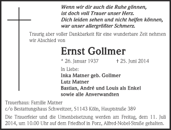 Anzeige von Ernst Gollmer von  Kölner Wochenspiegel 