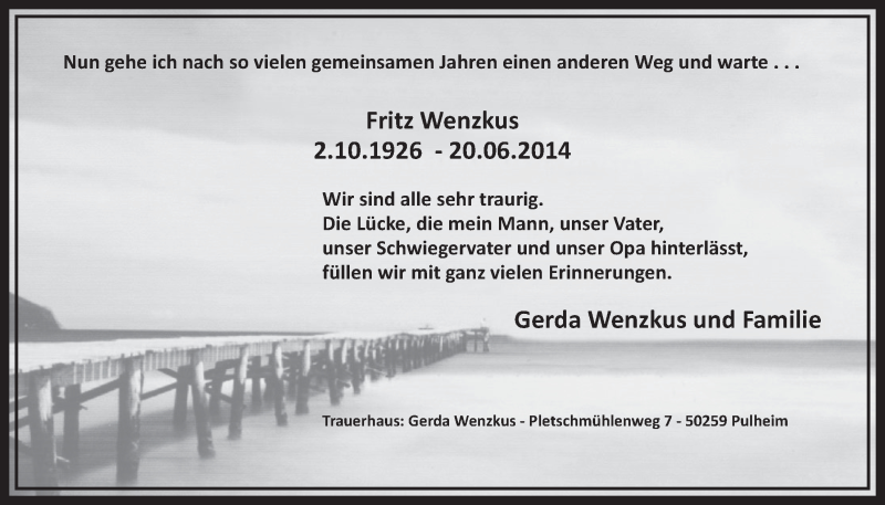  Traueranzeige für Fritz Wenzkus vom 28.06.2014 aus  Sonntags-Post 
