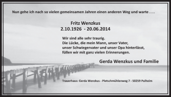 Anzeige von Fritz Wenzkus von  Sonntags-Post 