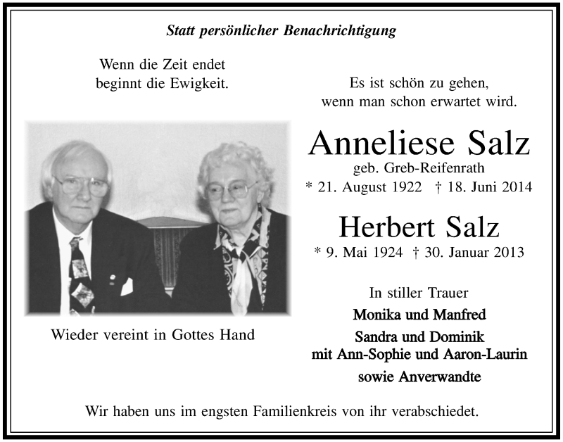  Traueranzeige für Anneliese Salz vom 02.07.2014 aus  Lokalanzeiger 
